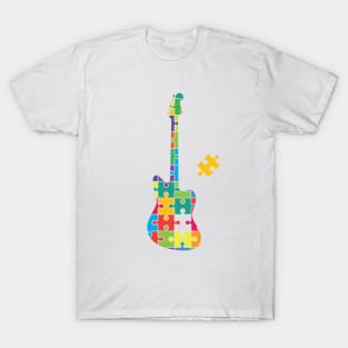 Color Puzzle Offset Style Electric Guitar Silhouette T-Shirt